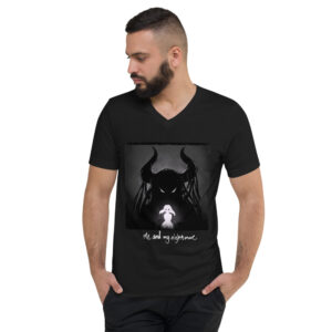 A man wearing a black shirt with an image of a demon.